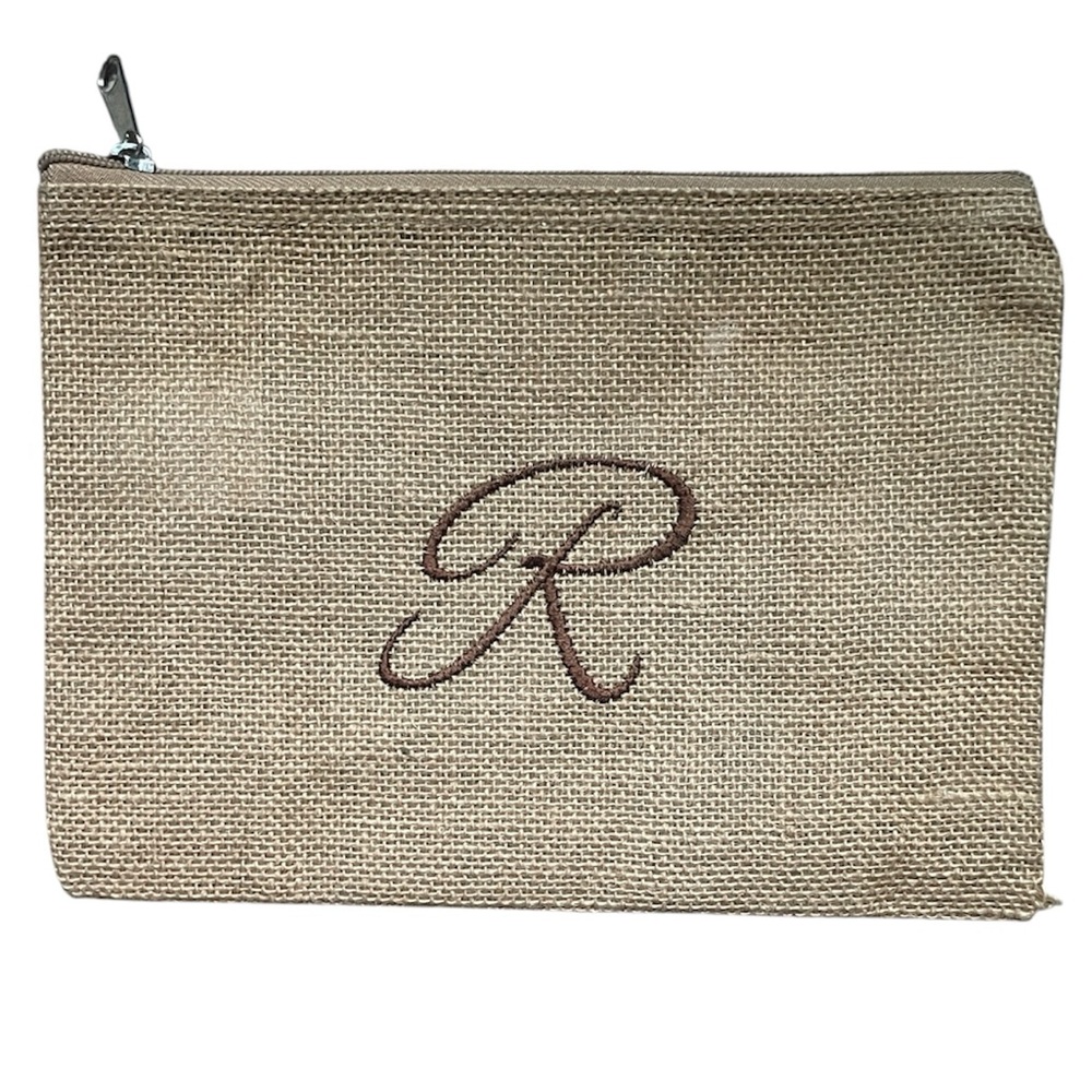 Home Essentials Tan Burlap Pouch Initial R Embroidered Zip Pencil Cosmetic Bag